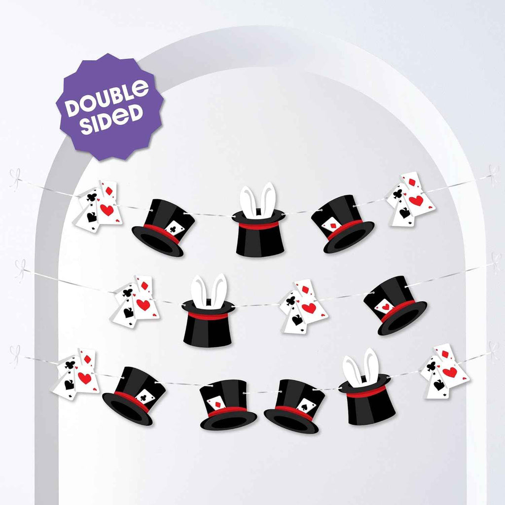 Big Dot of Happiness Magic Show Garland Banner, Ta-Da Magical Birthday Party Decorations Backdrop, 30 Feet of Cord, 15 Double-Sided Paper Magician Hats &amp; Playing Card Shapes
