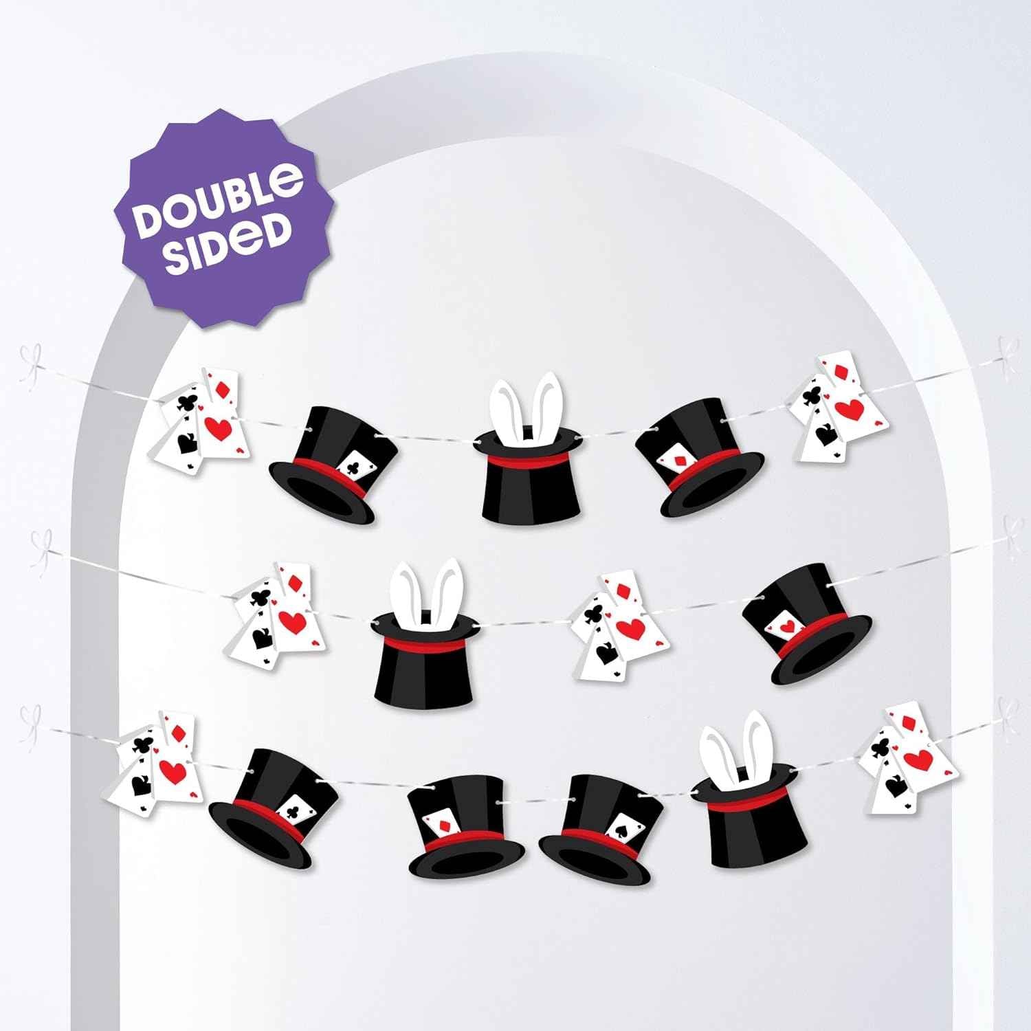 Big Dot of Happiness Magic Show Garland Banner, Ta-Da Magical Birthday Party Decorations Backdrop, 30 Feet of Cord, 15 Double-Sided Paper Magician Hats &amp; Playing Card Shapes