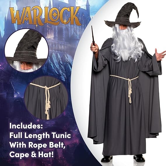 Men's Grey Warlock Renaissance Wizard Adult Costume by HalloweenStore.com