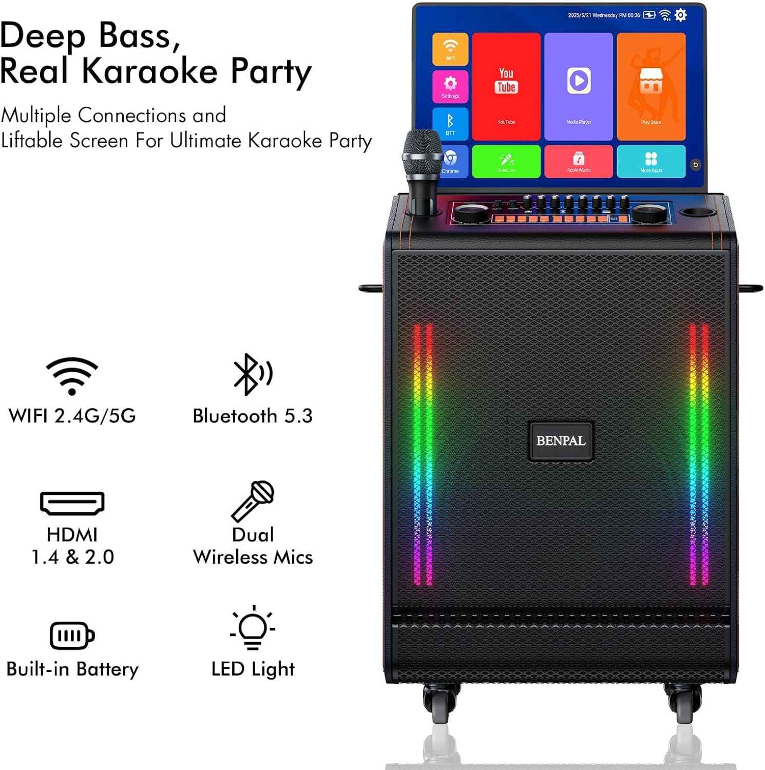 Smart Karaoke Machine with 17.3 Inch Touch Screen &amp; Lyrics Display, Up to 1200W Powerful Speaker, Super Deep Bass Sound for Home Party, Outdoor - Perfect for Adults, Kids, Singers &amp; Music Lovers