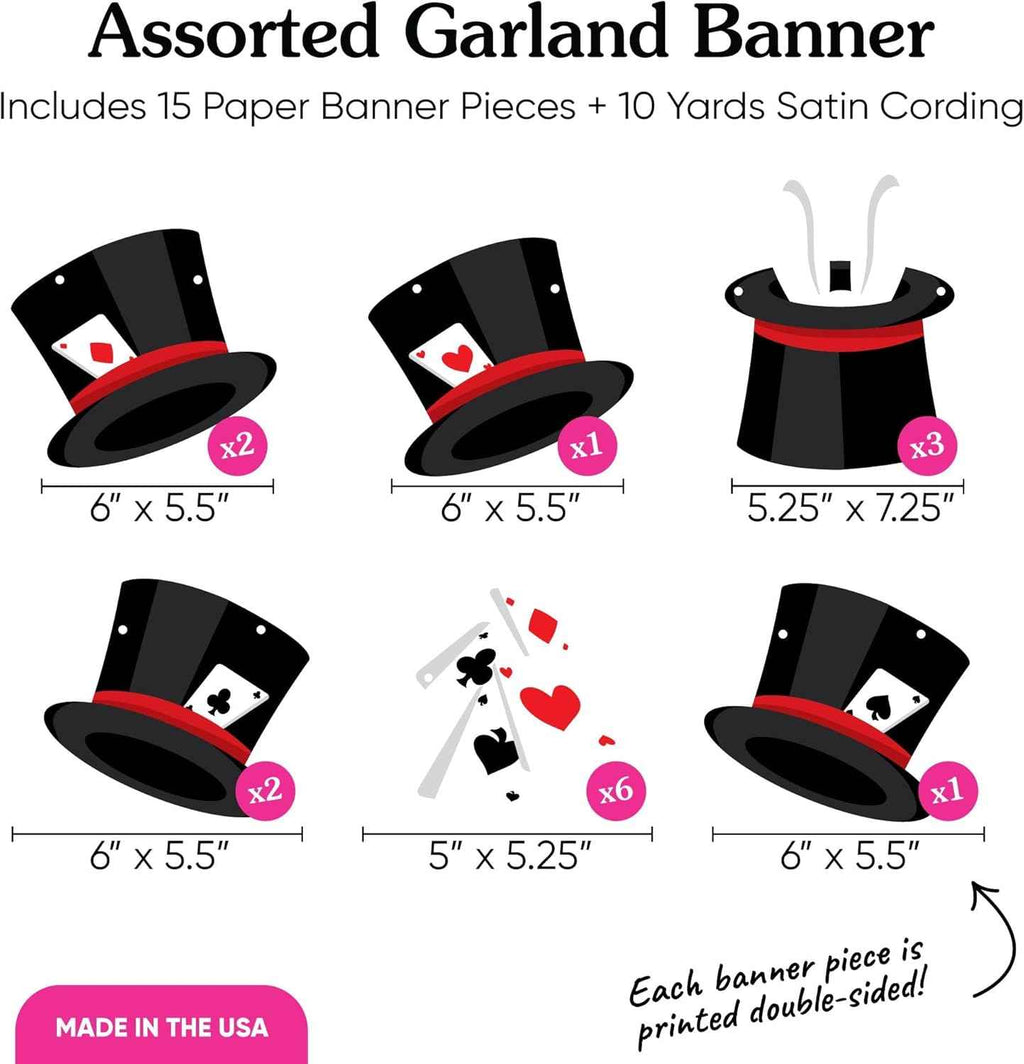 Big Dot of Happiness Magic Show Garland Banner, Ta-Da Magical Birthday Party Decorations Backdrop, 30 Feet of Cord, 15 Double-Sided Paper Magician Hats &amp; Playing Card Shapes