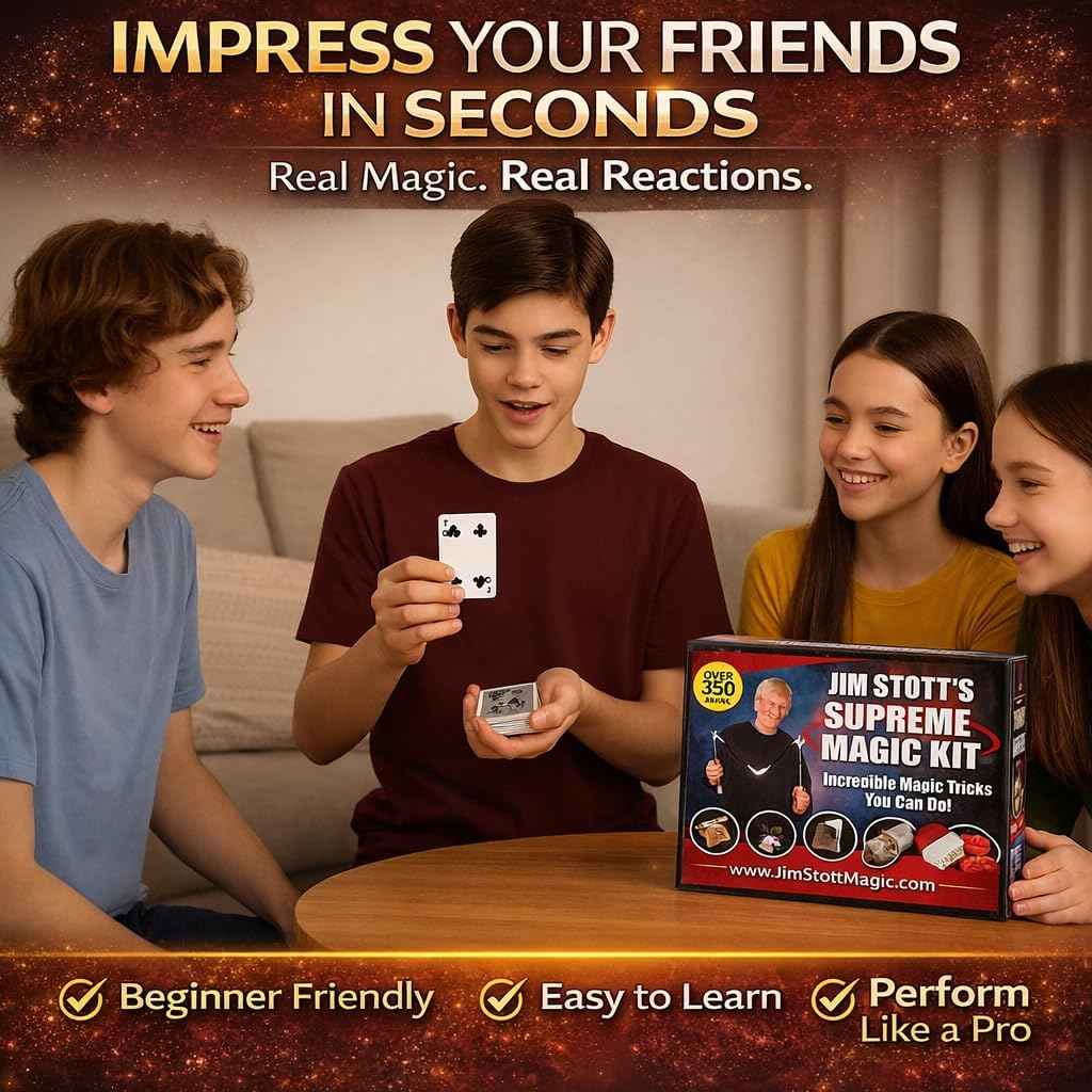 Jim Stott Magic Supreme Magic Kit for Kids – 250  Easy Magic Tricks | Beginner Magic Set with Cards, Coins &amp; Mind Reading | Fun Gift for Boys, Girls, Teens &amp; Adults