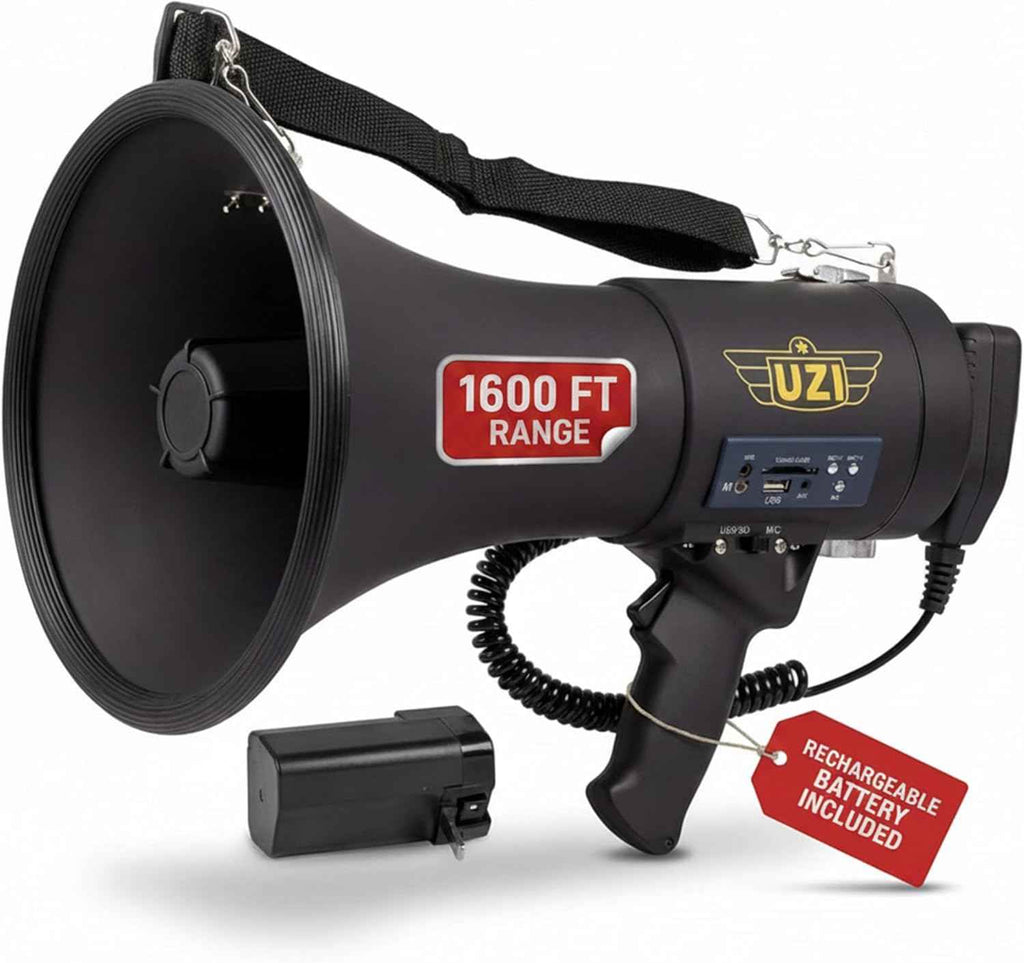 Uzi High Power Loud Big Bluetooth Megaphone 50W, Professional Bullhorn Megaphone Used by First Responders, Police &amp; Agencies, Rechargeable Battery, PA System, Outdoor Activitie