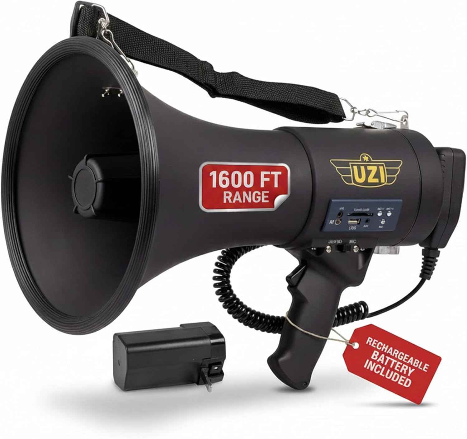 Uzi High Power Loud Big Bluetooth Megaphone 50W, Professional Bullhorn Megaphone Used by First Responders, Police &amp; Agencies, Rechargeable Battery, PA System, Outdoor Activitie