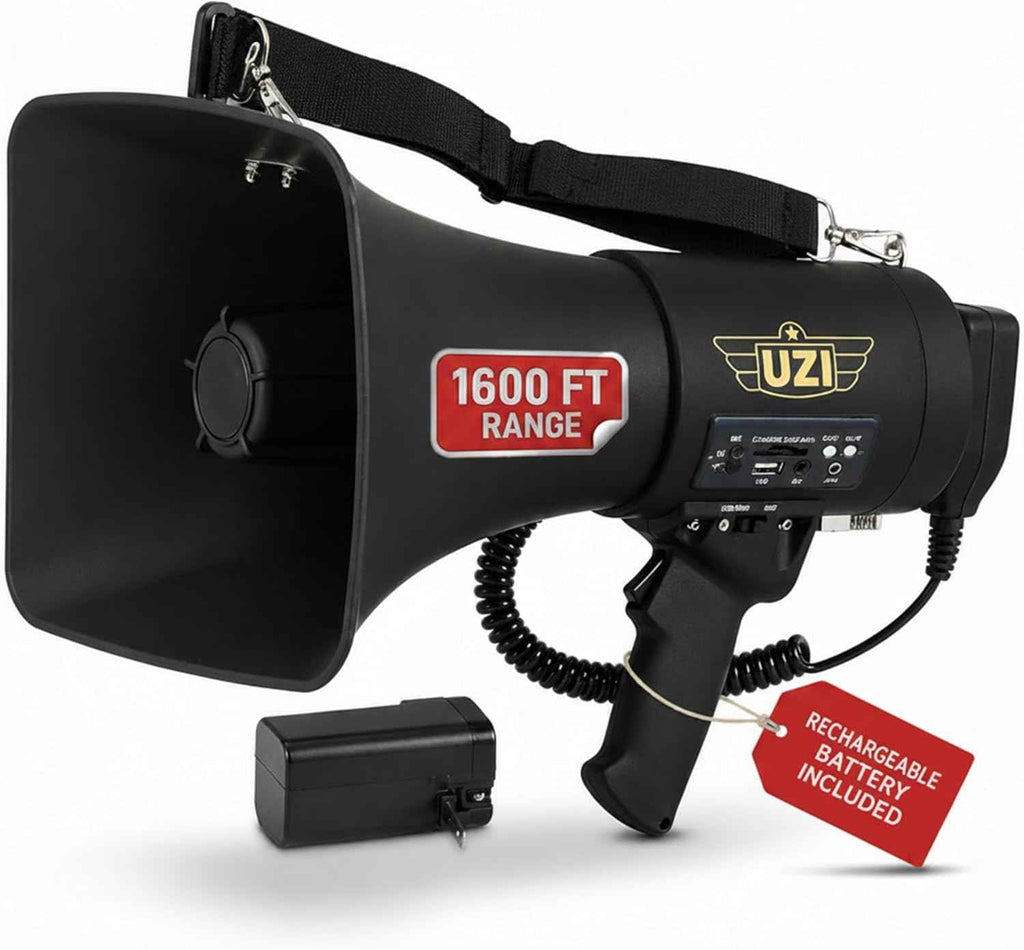 Uzi High Power Loud Big Bluetooth Megaphone 50W, Professional Bullhorn Megaphone Used by First Responders, Police &amp; Agencies, Rechargeable Battery, PA System, Outdoor Activitie