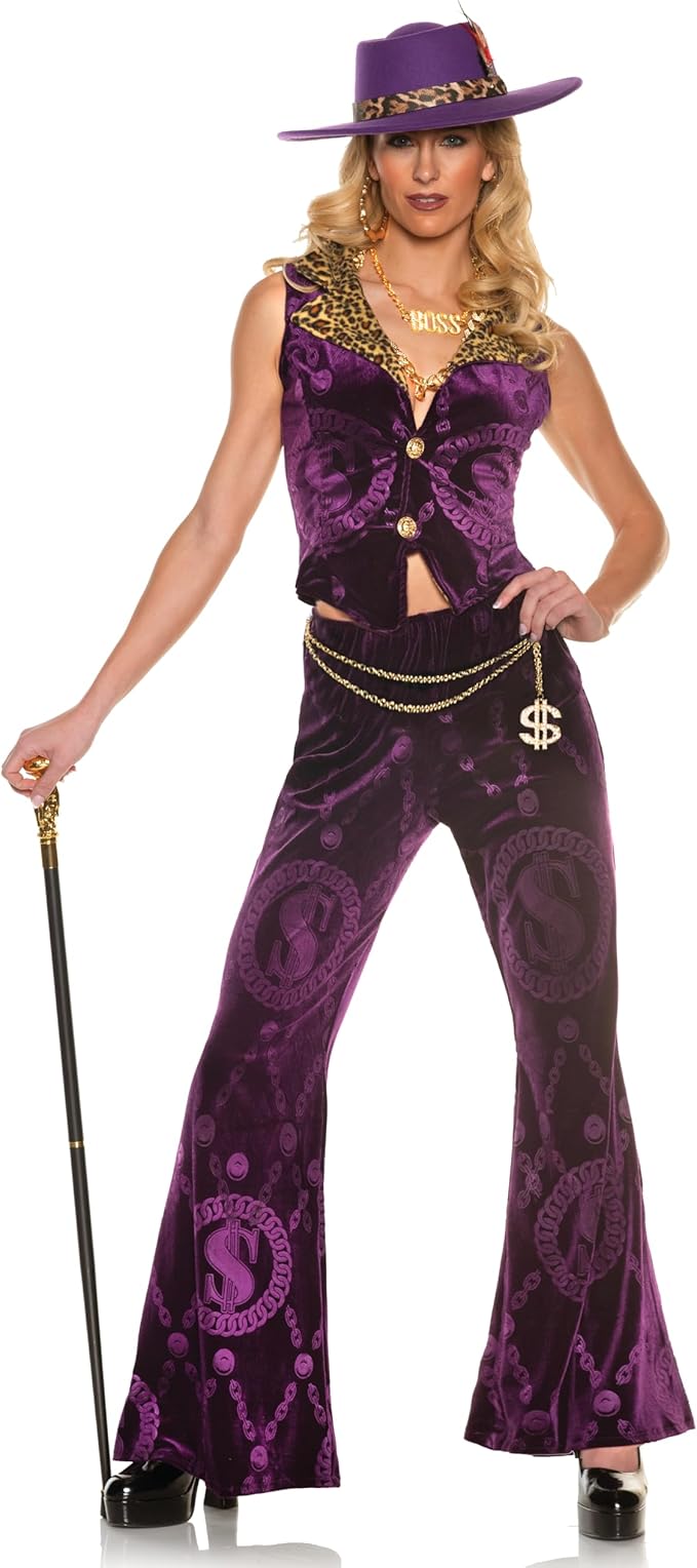 Sexy Velvet Pimp 70's Retro Disco Women Purple Dollars & Dreams Costume by HalloweenStore.com