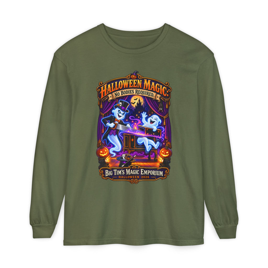 Halloween Magic Long Sleeve Tee — "No Bodies Required" Ghosts Design by Printify