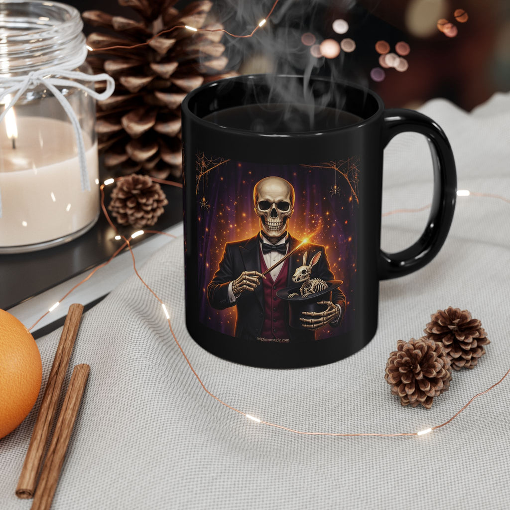 Skeleton Magician Black Mug — Halloween Skull & Rabbit Magic Coffee Cup by Printify