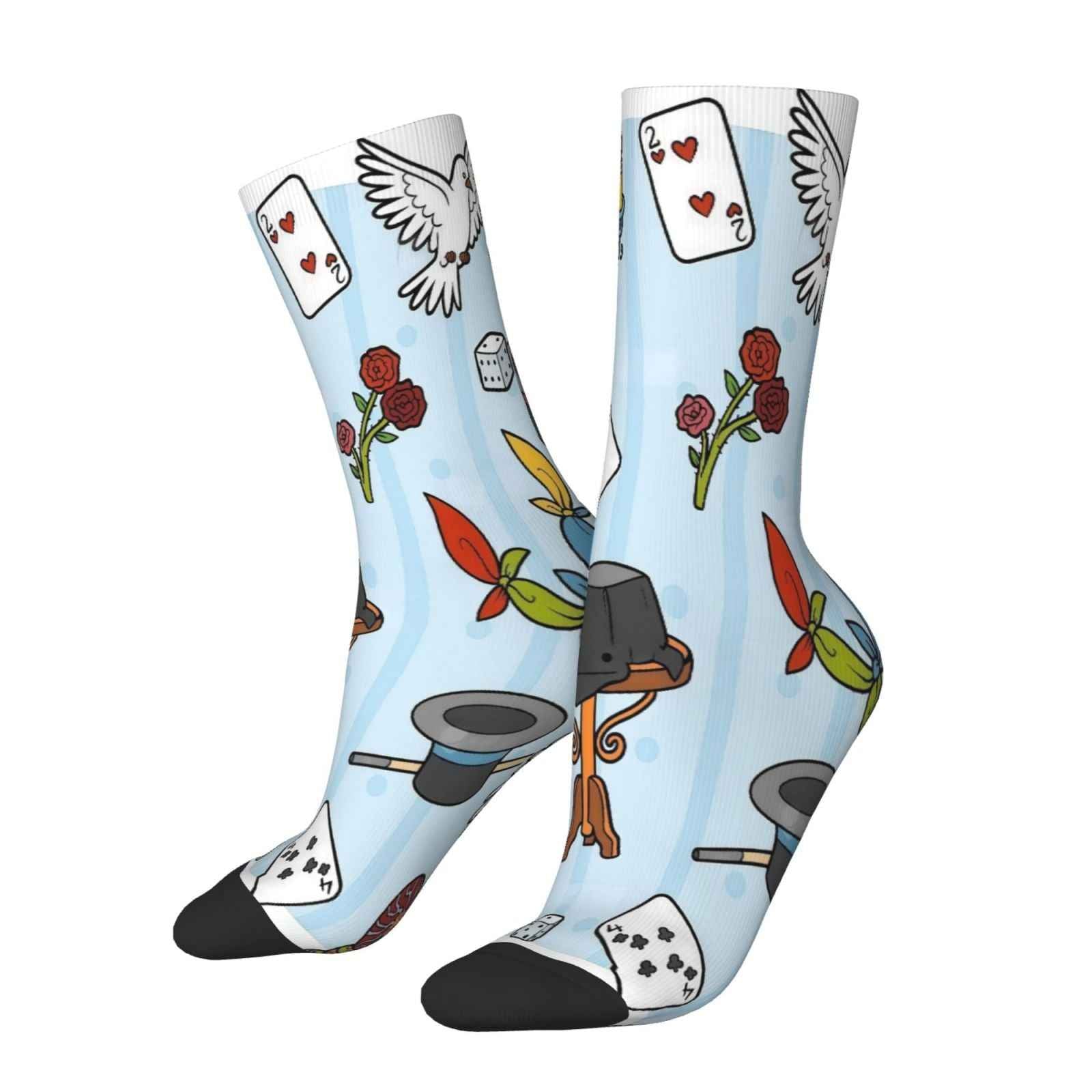 A Pair of Mid-Calf Socks Featuring a 3D Design with a Light Blue Base And a Colorful Magic Theme, Incorporating Elements Like Playing Cards, a Magician'S Hat, Doves, And Candlesticks