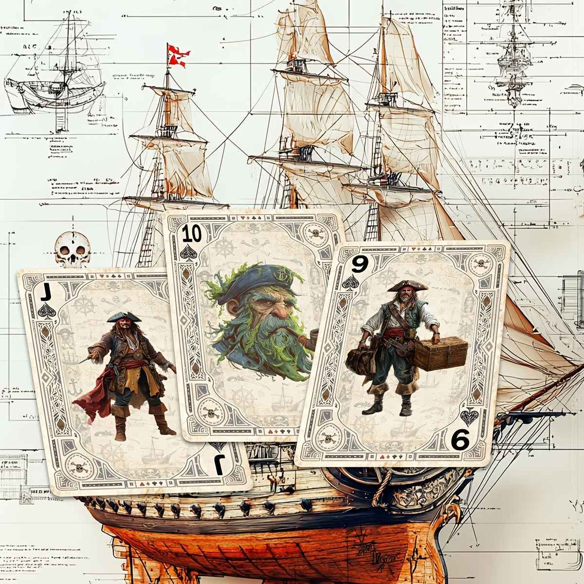 Premium Playing Cards, 4 Different Box And Back Designs Available, Vintage Pirate-Themed Deck, International Standard Size, 54pcs Unique Illustrations, Blue Core Paper Material, Non-Transparent, Double-Sided Anti-Slip Texture, Excellent Handling