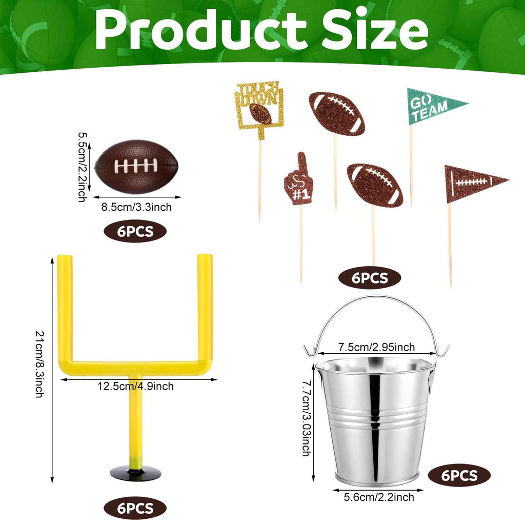 6 Set Football Party Table Decorations Kit | Includes 6 Buckets, 6 Mini Footballs, 12 Goal Posts, 12 Touch Down Flags | Centerpiece For Birthday, Sports Themed Party, Desk Supplies, Rugby Favors