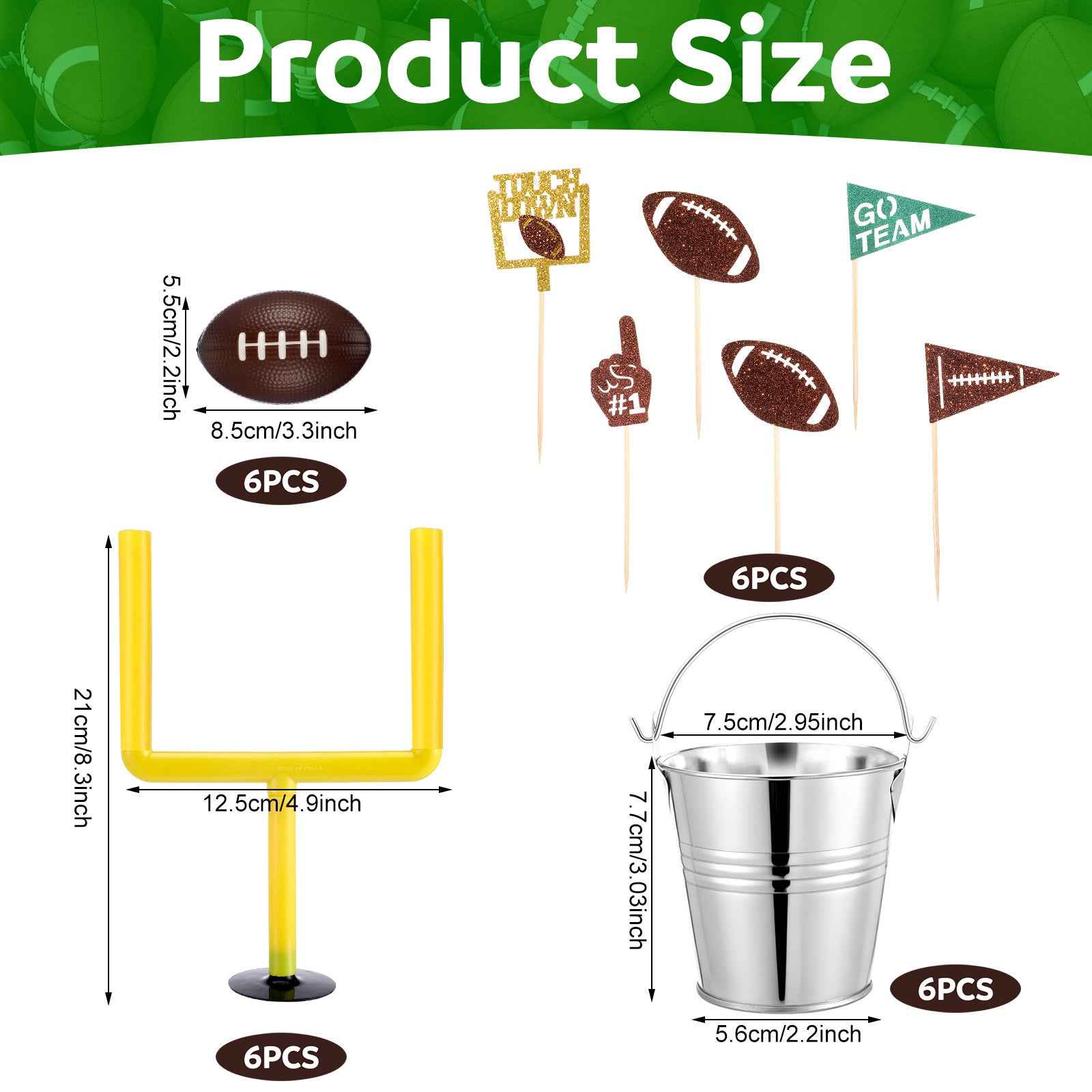 6 Set Football Party Table Decorations Kit | Includes 6 Buckets, 6 Mini Footballs, 12 Goal Posts, 12 Touch Down Flags | Centerpiece For Birthday, Sports Themed Party, Desk Supplies, Rugby Favors