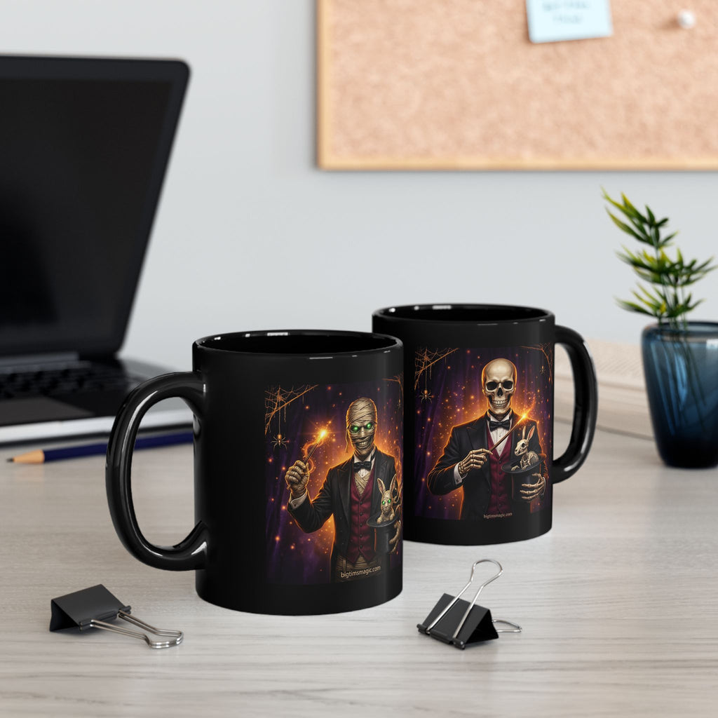 Skeleton Magician Black Mug — Halloween Skull & Rabbit Magic Coffee Cup by Printify