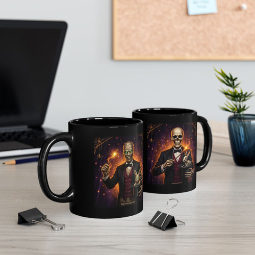 Skeleton Magician Black Mug — Halloween Skull & Rabbit Magic Coffee Cup by Printify