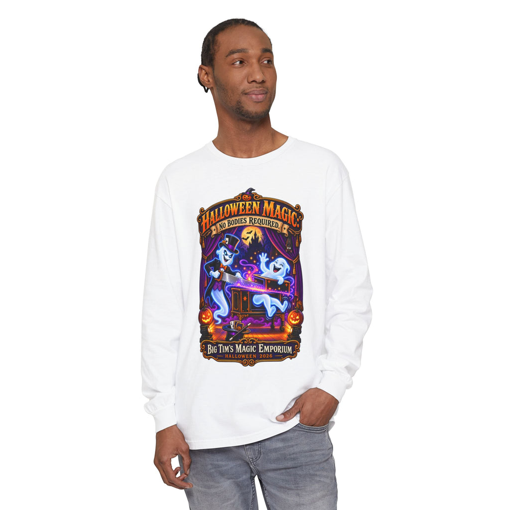 Halloween Magic Long Sleeve Tee — "No Bodies Required" Ghosts Design by Printify
