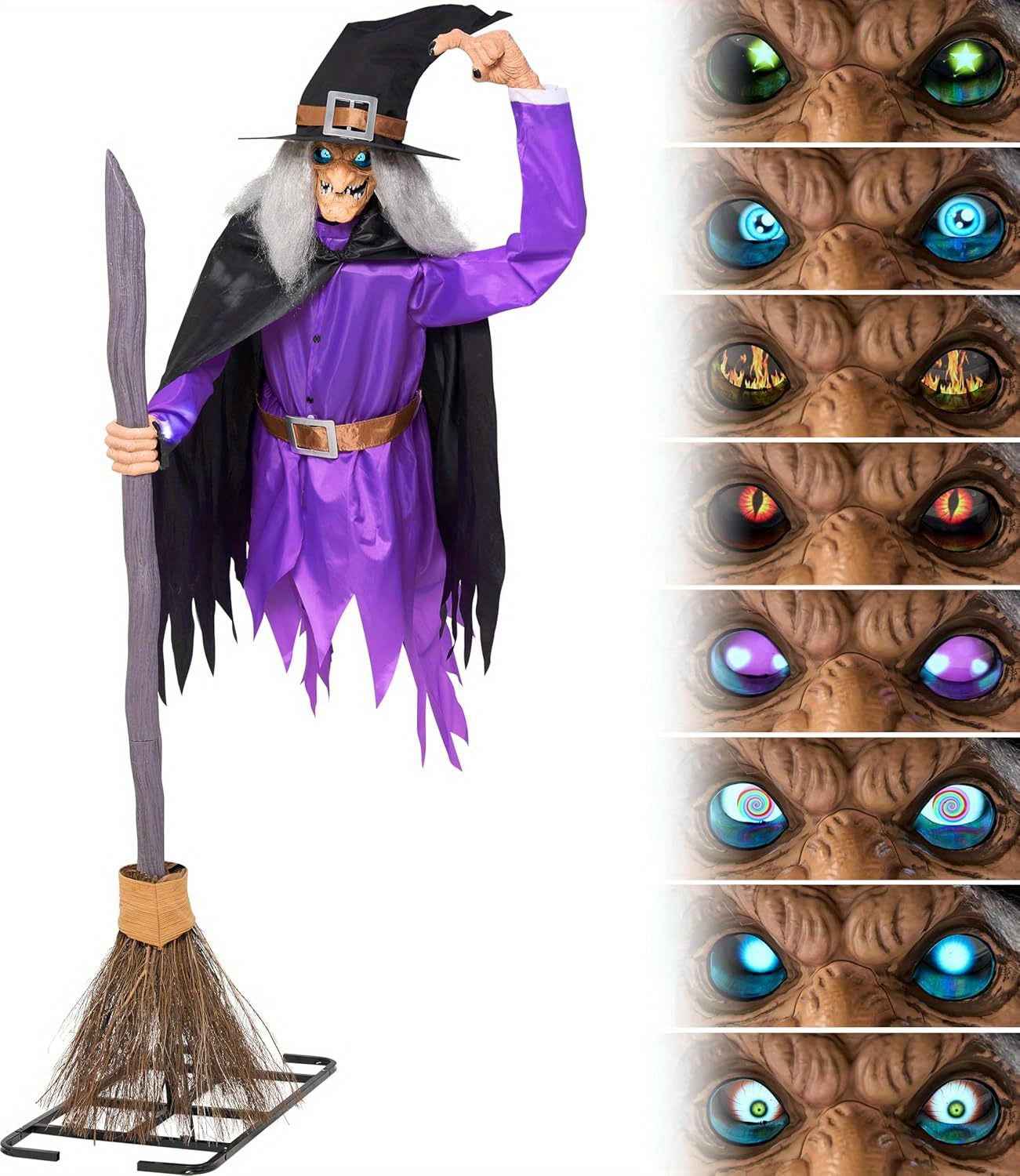 8FT Halloween Animated Flying Witch Outdoor Decoration with a Broom, Featuring Light-Up Eyes And a Creepy Voice, Perfect for Haunted House Displays in Your Yard