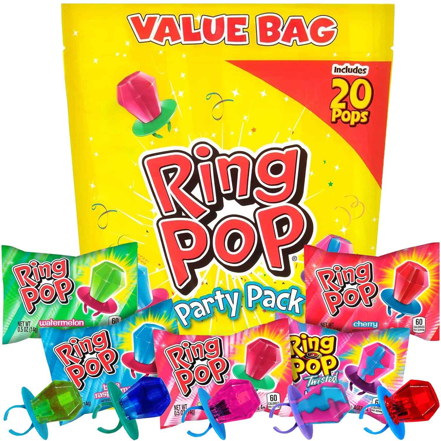 Ring Pop Lollipops - Bulk Candy Individually Wrapped Suckers Variety Party Pack- 50 Count w/Assorted Flavors - Hard Candy for Party Favors, Kids &amp; Goodie Bags
