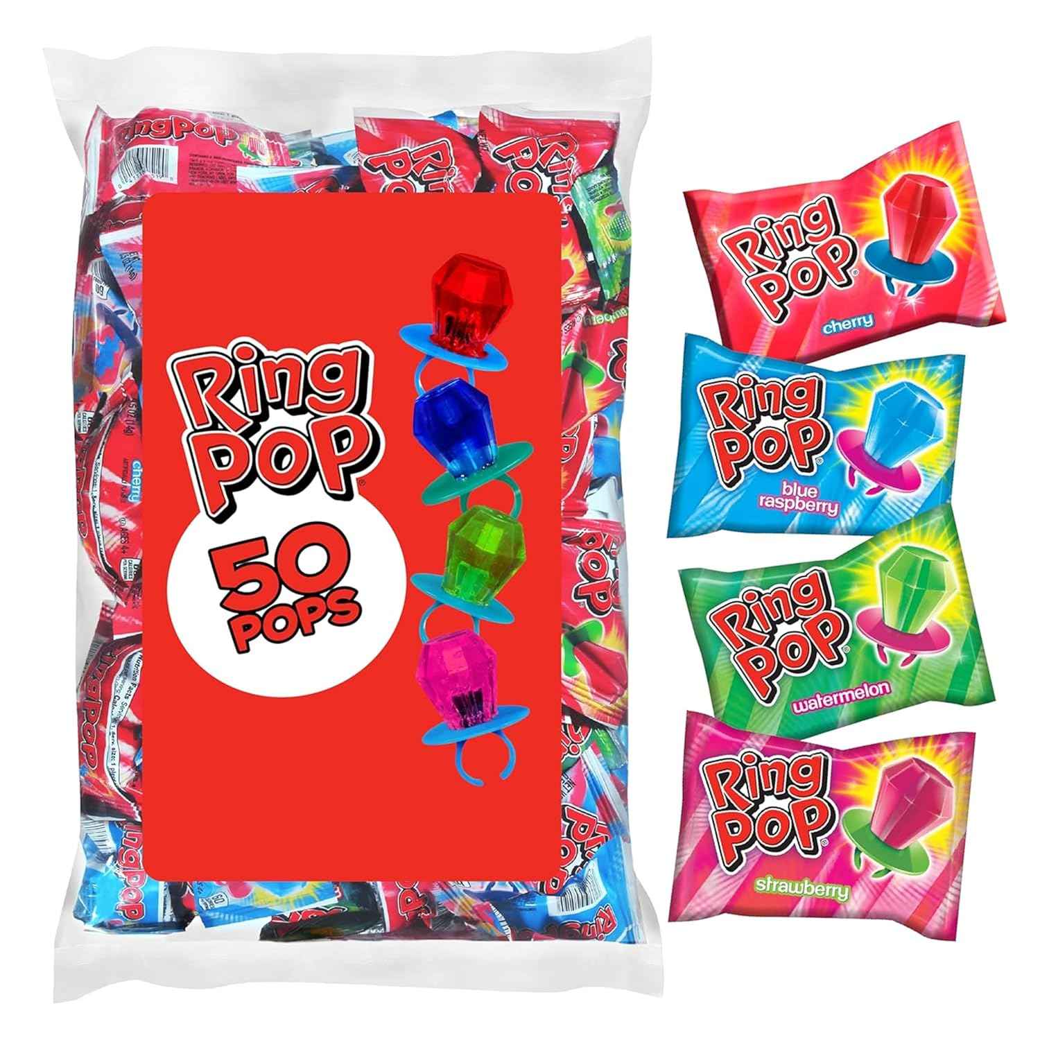 Ring Pop Lollipops - Bulk Candy Individually Wrapped Suckers Variety Party Pack- 50 Count w/Assorted Flavors - Hard Candy for Party Favors, Kids &amp; Goodie Bags