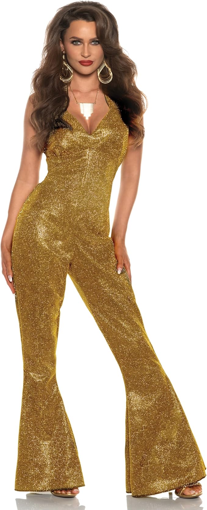 Sexy Shining Star 70's 80's Gold Disco Diva Jumpsuit Women's Costume by HalloweenStore.com