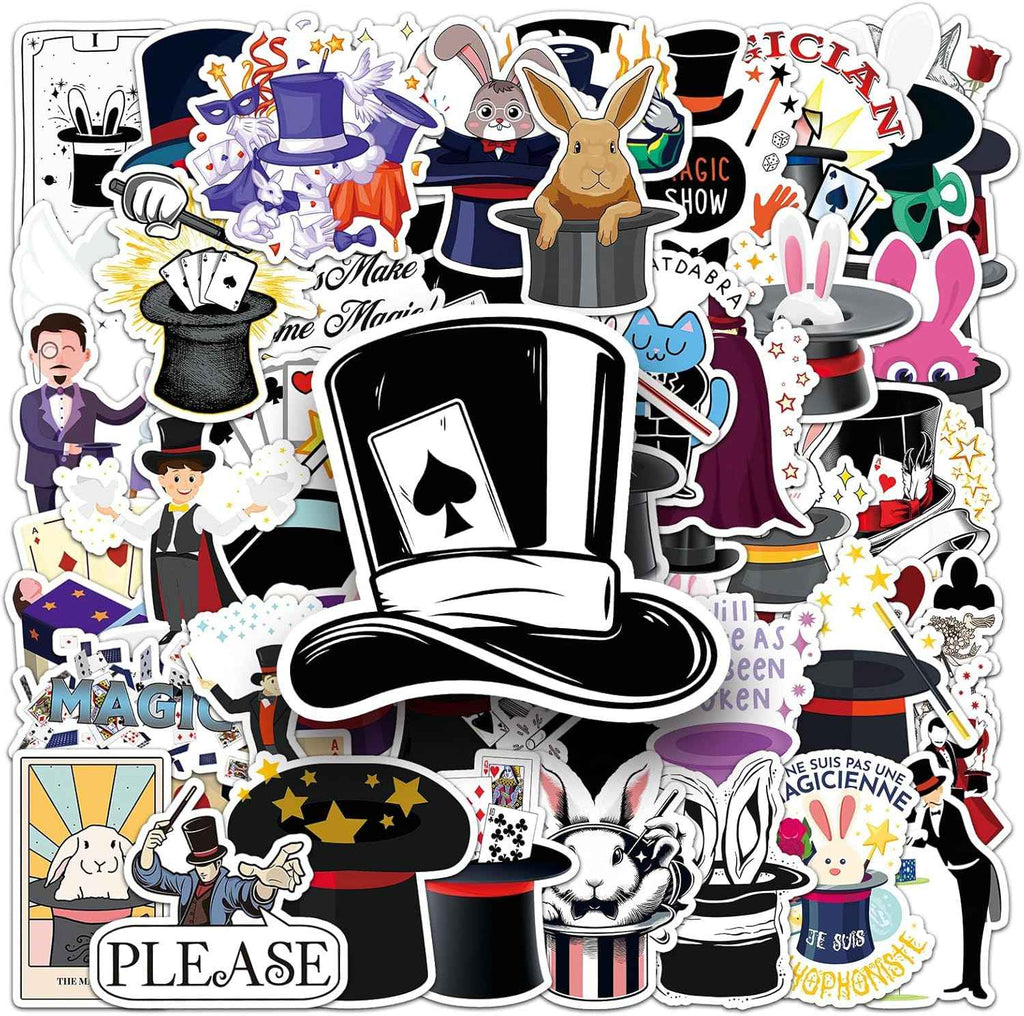 53pcs Magician Stickers, Waterproof Vinyl Stickers with Rabbit, Poker, Hat &amp; Magic Wand Patterns, Suitable for Kids &amp; Adults, Decor for Laptop, Phone