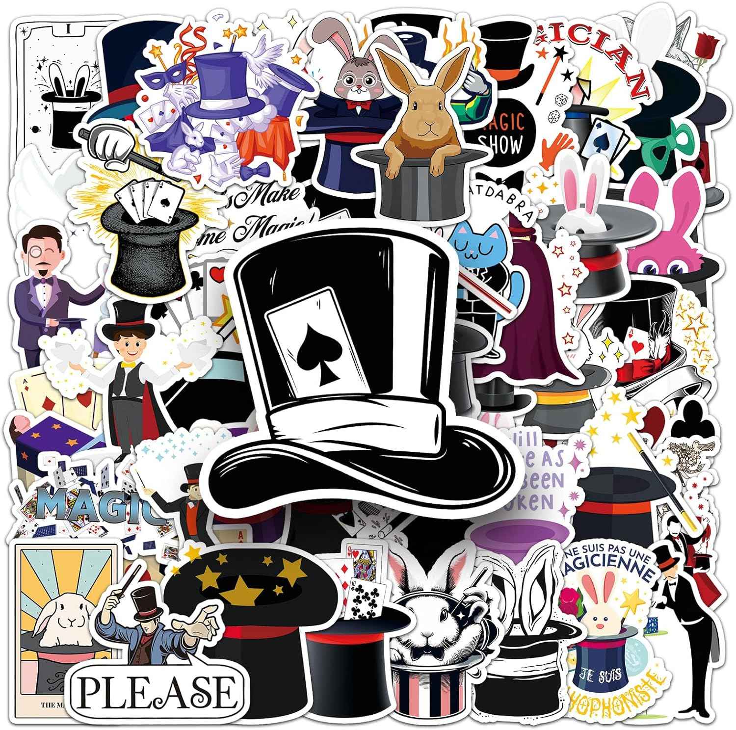 53pcs Magician Stickers, Waterproof Vinyl Stickers with Rabbit, Poker, Hat &amp; Magic Wand Patterns, Suitable for Kids &amp; Adults, Decor for Laptop, Phone