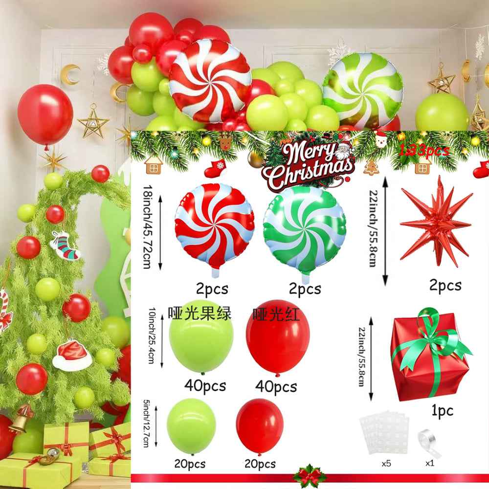133-Piece Happy Christmas Balloon Arch Set with Lime and Festive Designs - No Electricity Needed!