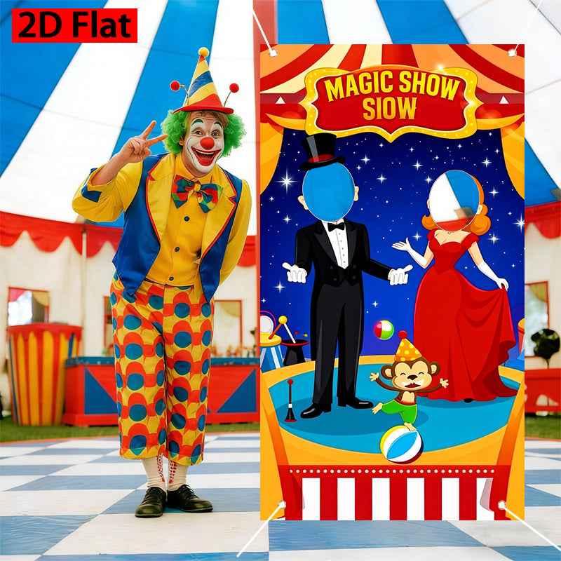 2D Flat, Magic Show Stage Carnival Photo Booth Banner with Magician, Assistant & Monkey - Red Magic-Themed Background Cloth Suitable for Birthday, Christmas, New Year Parties - -Season Party Decoration for Family, Friends, Colleagues Gatherings, 2D