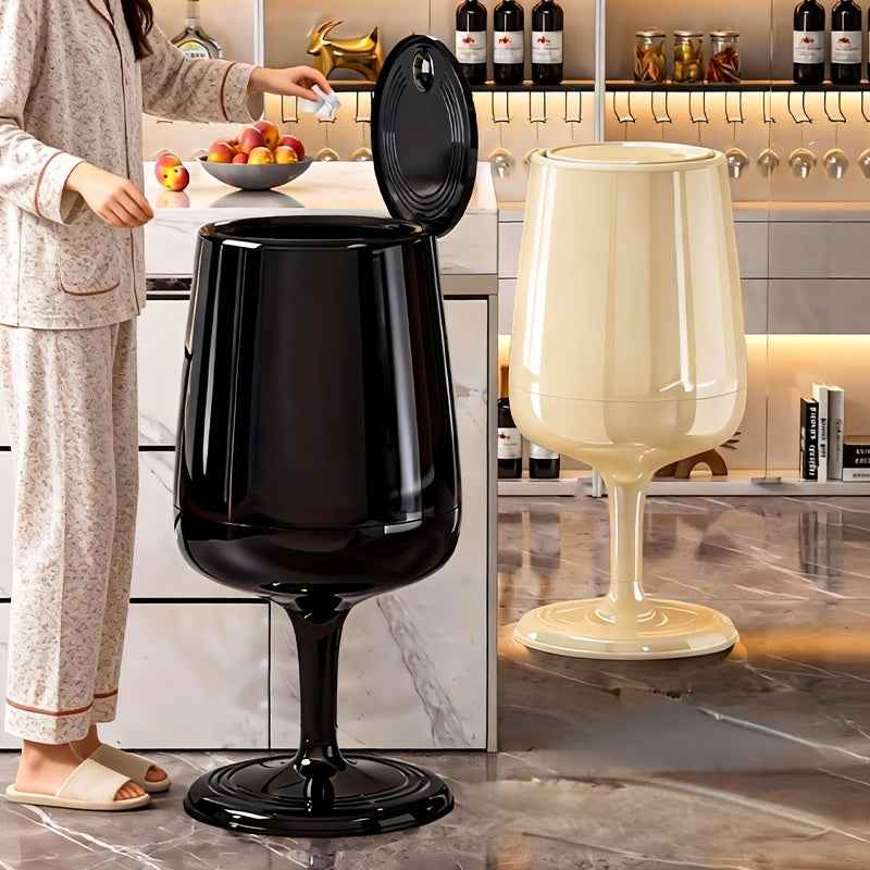 Tall Wine Glass Shaped Trash Can with Lid, Creative High-Legged Standing Floor Wastebasket, Modern Decorative Press-Top Rubbish Bin, Glossy Plastic Waste Bucket, Unique Home Accent Piece, for Kitchen Living Room Bedroom
