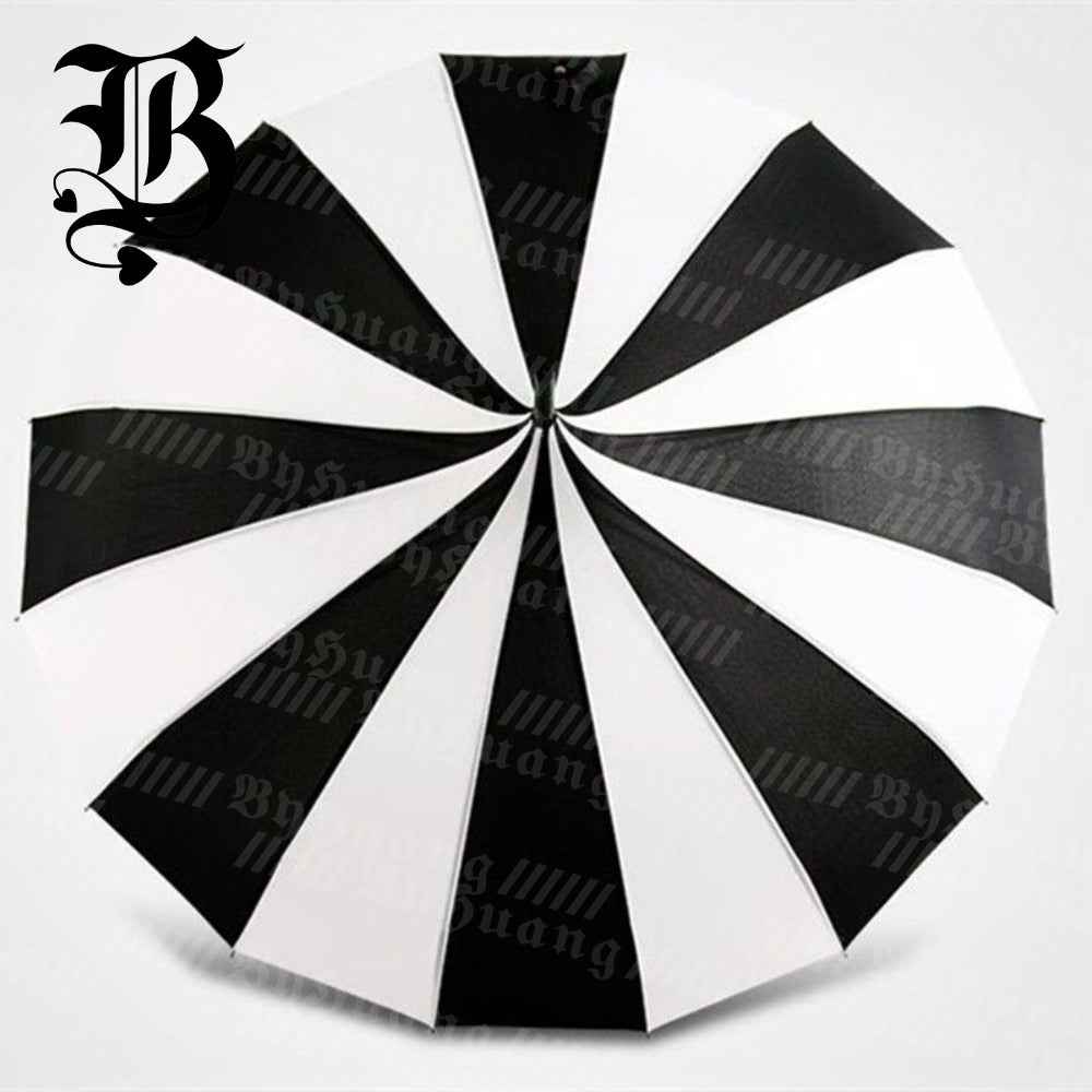 [Wedding Photography] 16-Bone Manual Open/Close Gothic Pagoda Umbrella with Wood Frame & Black/White Striped Canopy - Long Handle Suitable for Wedding Photography, Korean Princess Style, Catwalk, Photo Shoots, Historical Events - Elegant Lady Umbrella