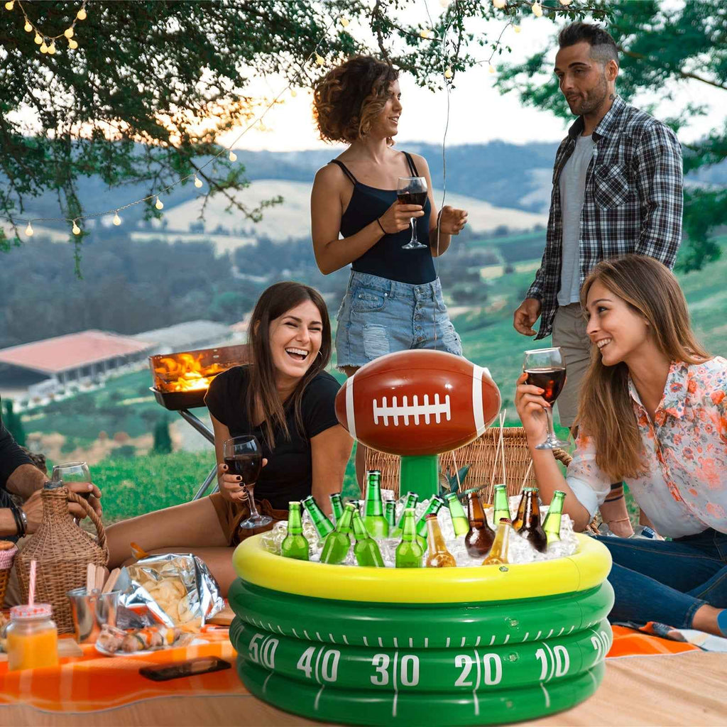 Inflatable Football Field Cooler with Yard Line Design - Portable PVC Drink Cooler for Sports Parties, Outdoor Games, Tailgates - No Electricity Needed, Holds 6 Bottles, Toss Game Decoration, Inflatable Cooler, Tailgate Essentials, Sporty Theme, No Elect