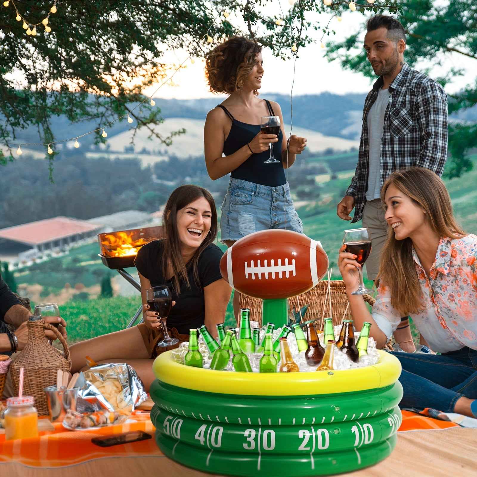 Inflatable Football Field Cooler with Yard Line Design - Portable PVC Drink Cooler for Sports Parties, Outdoor Games, Tailgates - No Electricity Needed, Holds 6 Bottles, Toss Game Decoration, Inflatable Cooler, Tailgate Essentials, Sporty Theme, No Elect