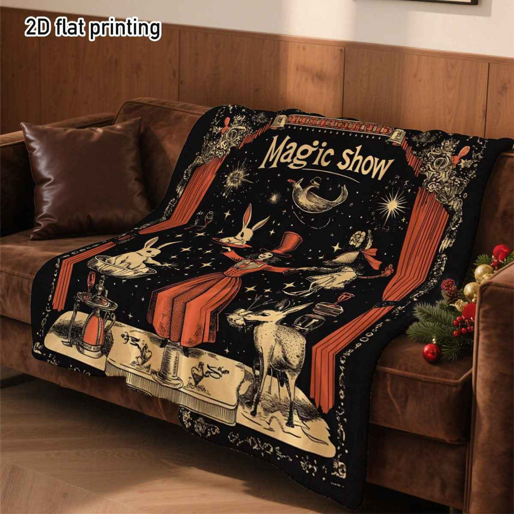 1pc a Two-Dimensional Flat Vintage Magic Show Throw Blanket Featuring a Magician And Rabbit in a Circus Setting. This Ultra-Soft Plush Flannel Blanket Is Perfect for Sofas And Living Rooms, Making It an Ideal Gift for Women And Circus Fans