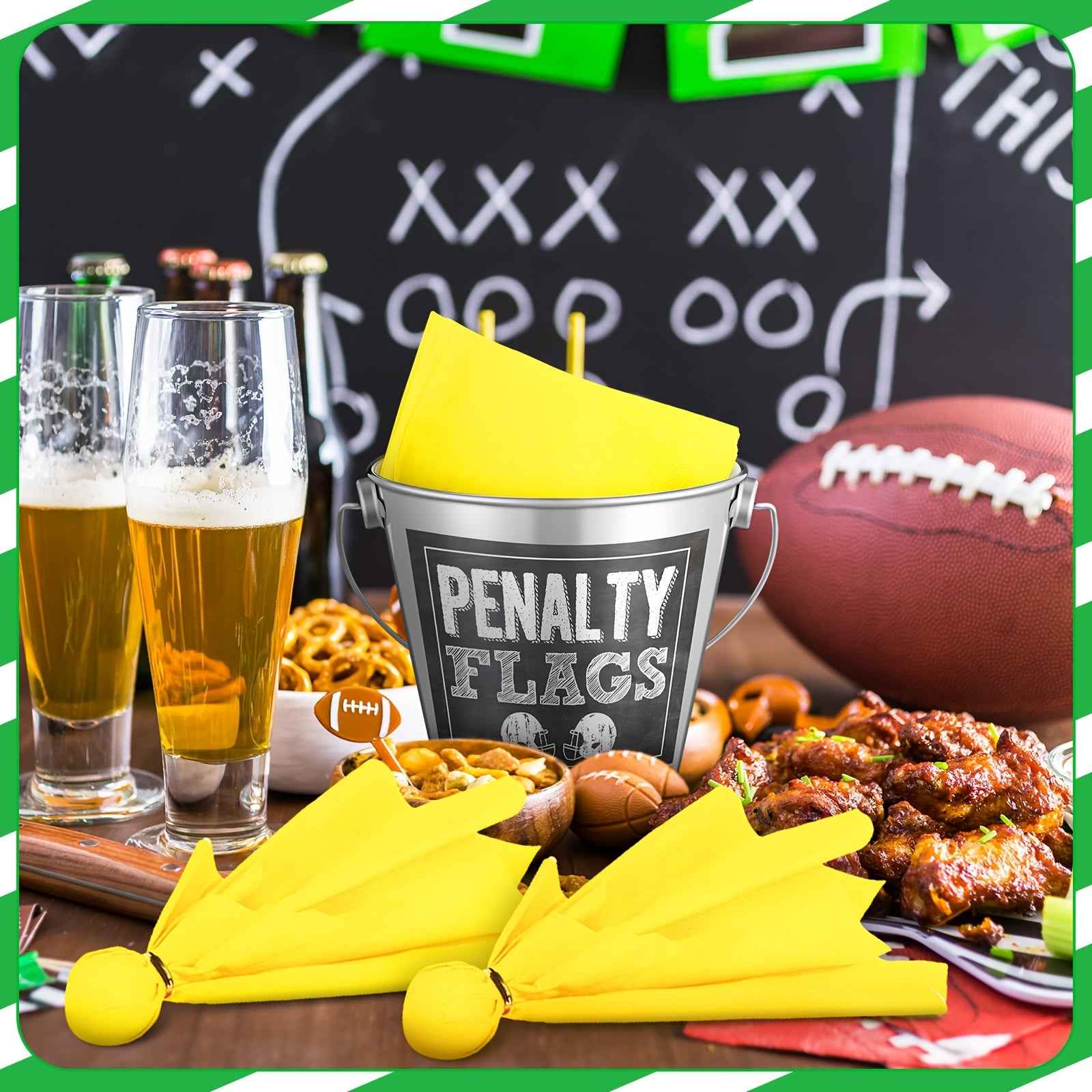 Set of 50 Yellow Napkins, a Silver Bucket, Penalty Flag Stickers, Perfect for Decorating a Football Tailgate Party