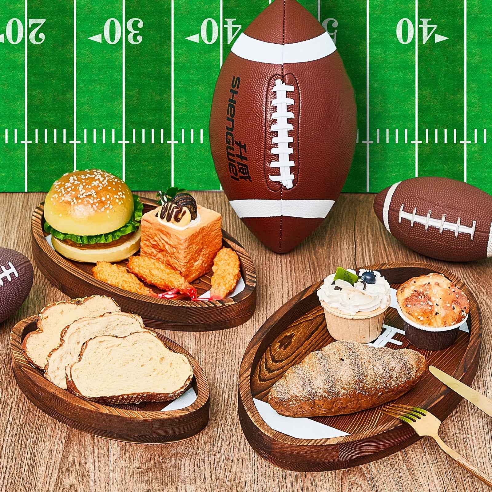 Set of 3 Wooden Football-Shaped Serving Trays for Soccer Fans - Perfect for Game Day Parties!