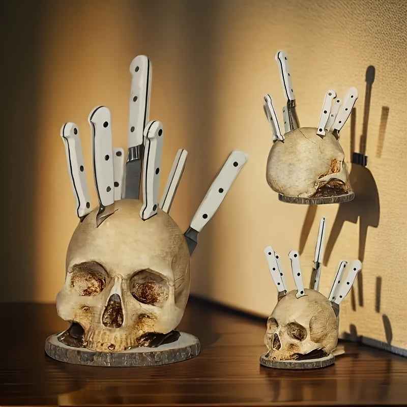 Skull Knife Holder for Kitchen Storage Skeleton Knife Stand Kitchen Decorations Horror Kitchen Storage Head Rack Kitchen Fruit Storage Rack Decoration Scary Party Fruit Storage Rack Gray