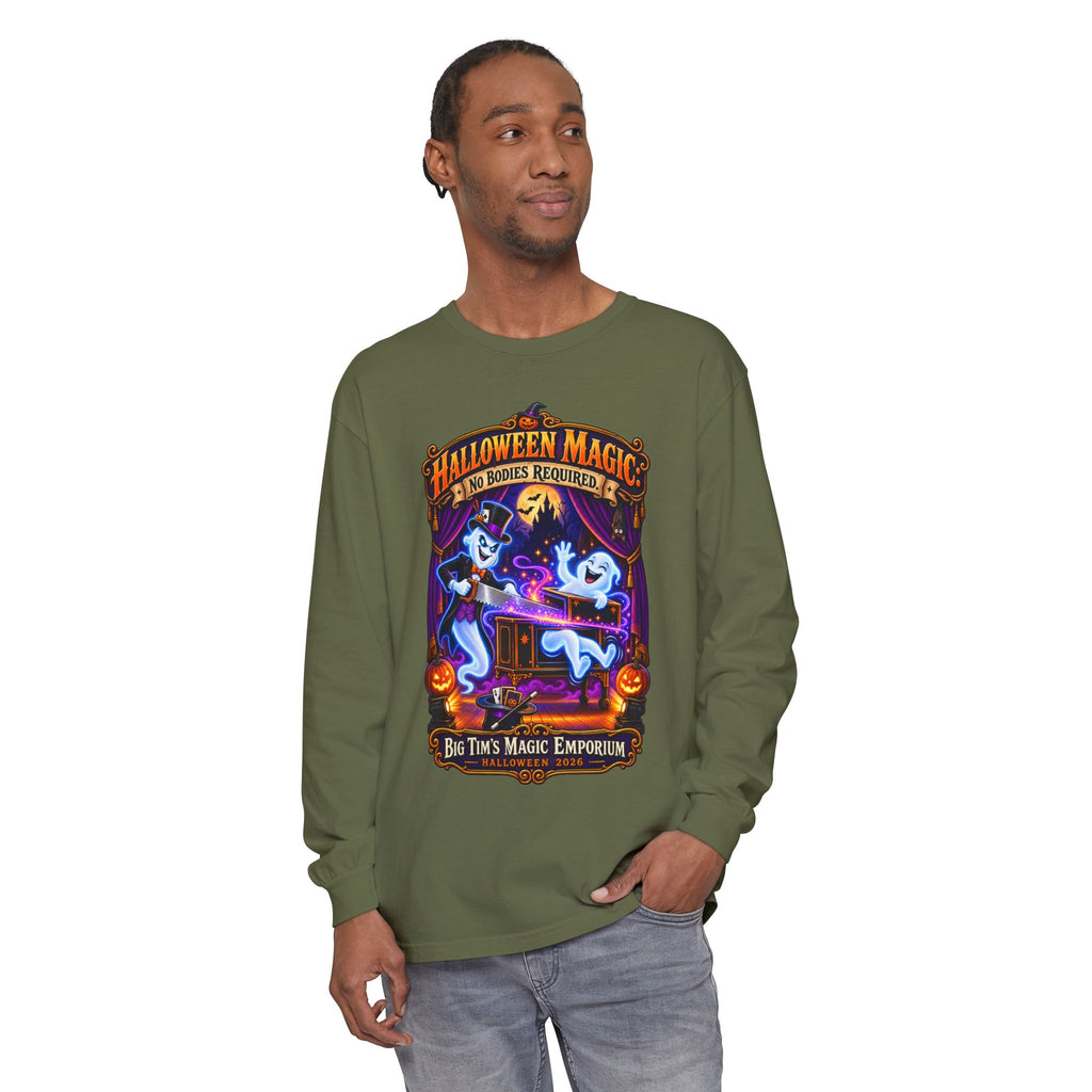 Halloween Magic Long Sleeve Tee — "No Bodies Required" Ghosts Design by Printify