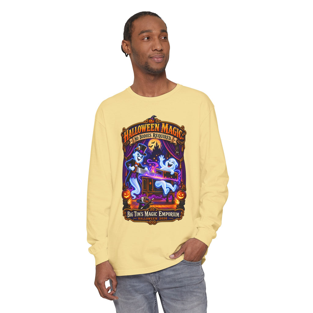 Halloween Magic Long Sleeve Tee — "No Bodies Required" Ghosts Design by Printify