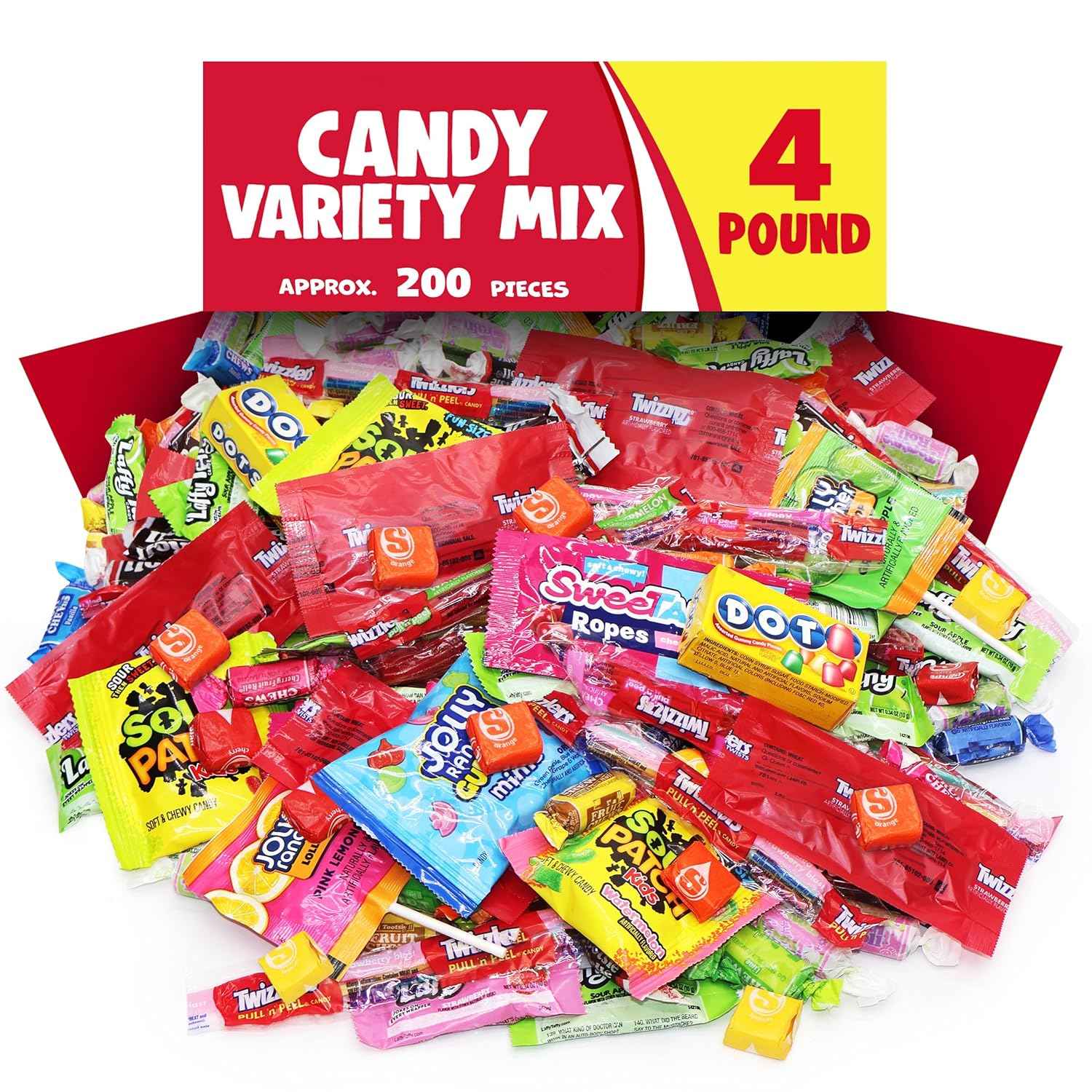 Bulk Candy Variety Pack - 4 Pound (Approx. 200 Pieces) Individually Wrapped Assorted Hard Candies, Taffy &amp; Lollipops, Party Candy Mix for Piñata Fillers, Birthday Parties, Gifts, &amp; Treats (64oz)