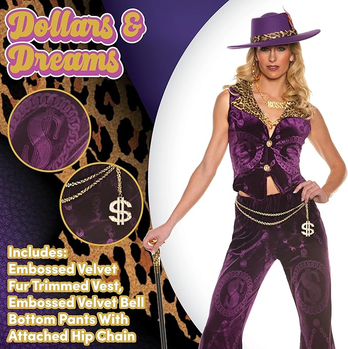 Sexy Velvet Pimp 70's Retro Disco Women Purple Dollars & Dreams Costume by HalloweenStore.com