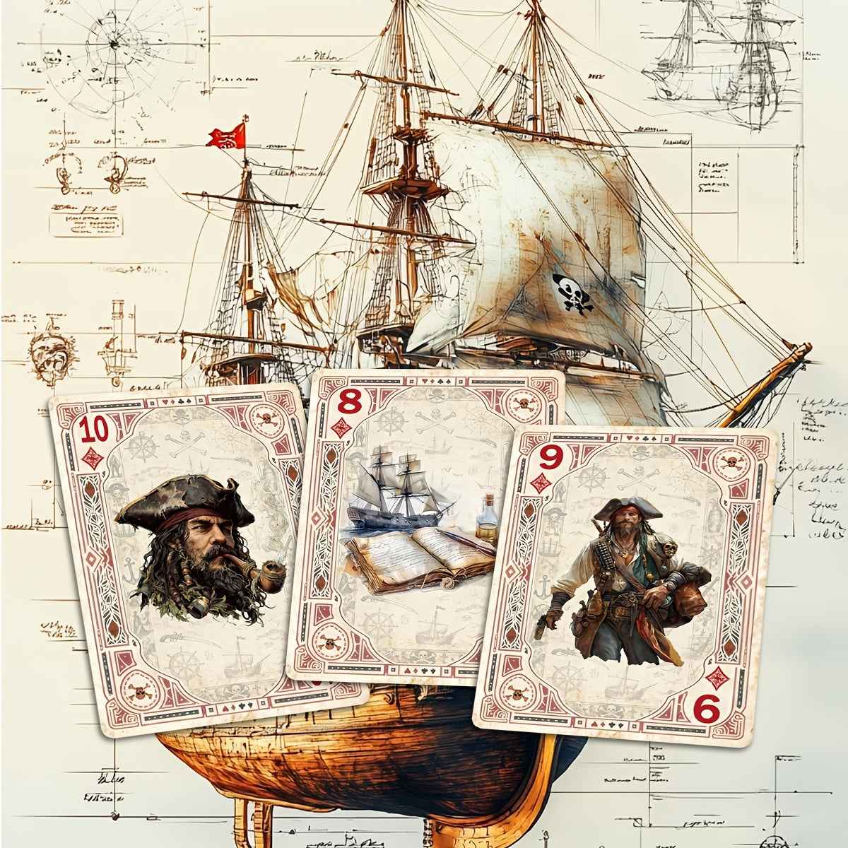 Premium Playing Cards, 4 Different Box And Back Designs Available, Vintage Pirate-Themed Deck, International Standard Size, 54pcs Unique Illustrations, Blue Core Paper Material, Non-Transparent, Double-Sided Anti-Slip Texture, Excellent Handling