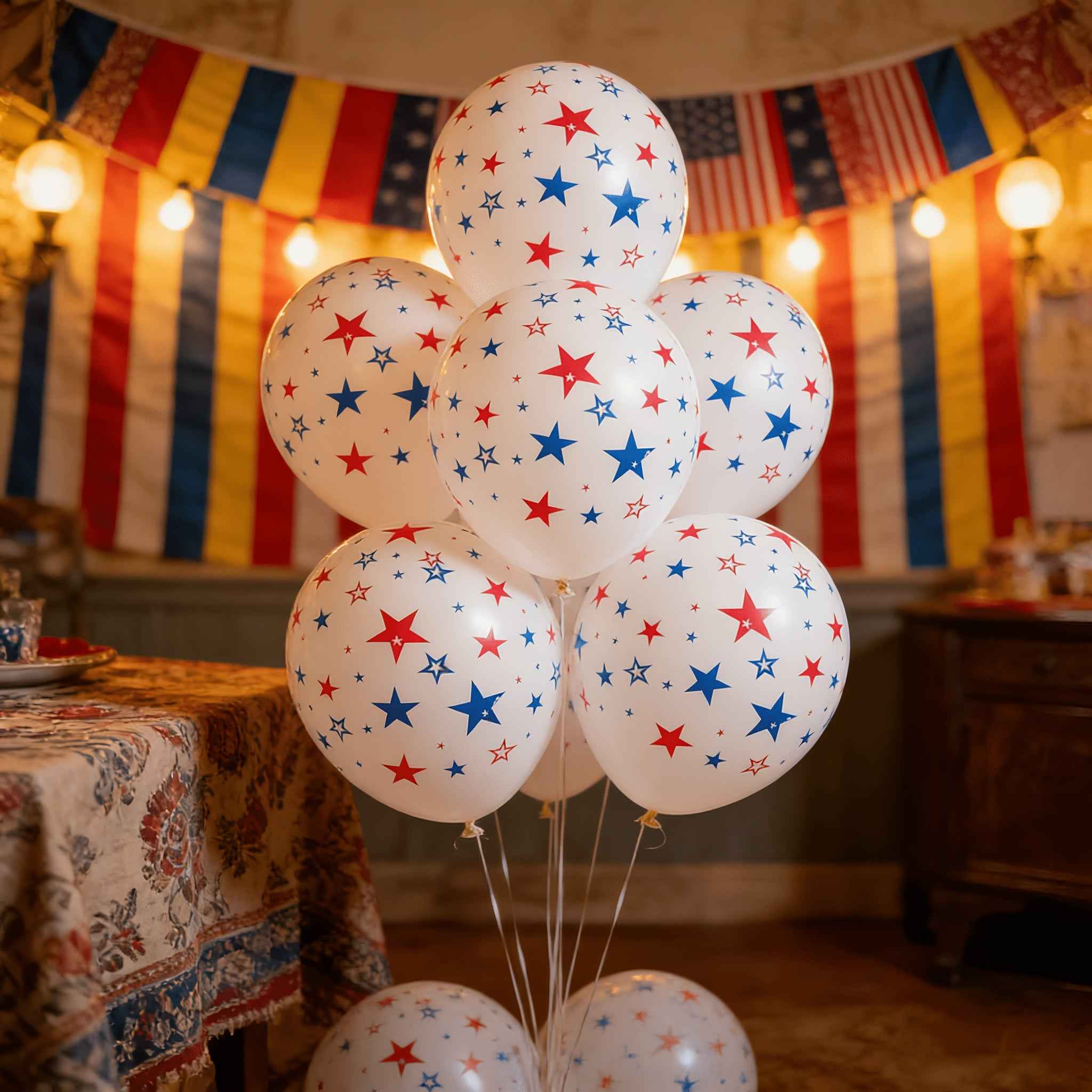36pcs Patriotic Star Balloons • 12-Inch Red, White, And Blue Star-Printed Latex Balloons • Ideal for 4Th of July And Independence Day Party Decorations