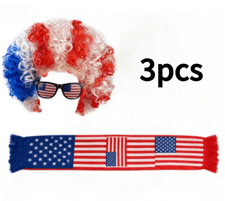 Set of Three Cheering Items in USA Colors, Including a Wig, Glasses, And a Shawl, Perfect for Events Themed Around The USA, Canada, And Mexico. Ideal for Family Viewing Parties And Soccer Fans