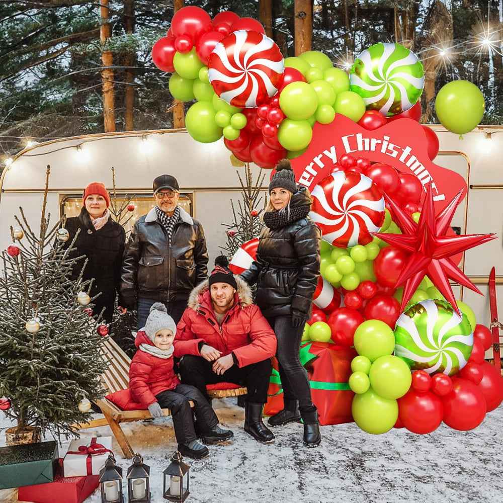 133-Piece Happy Christmas Balloon Arch Set with Lime and Festive Designs - No Electricity Needed!
