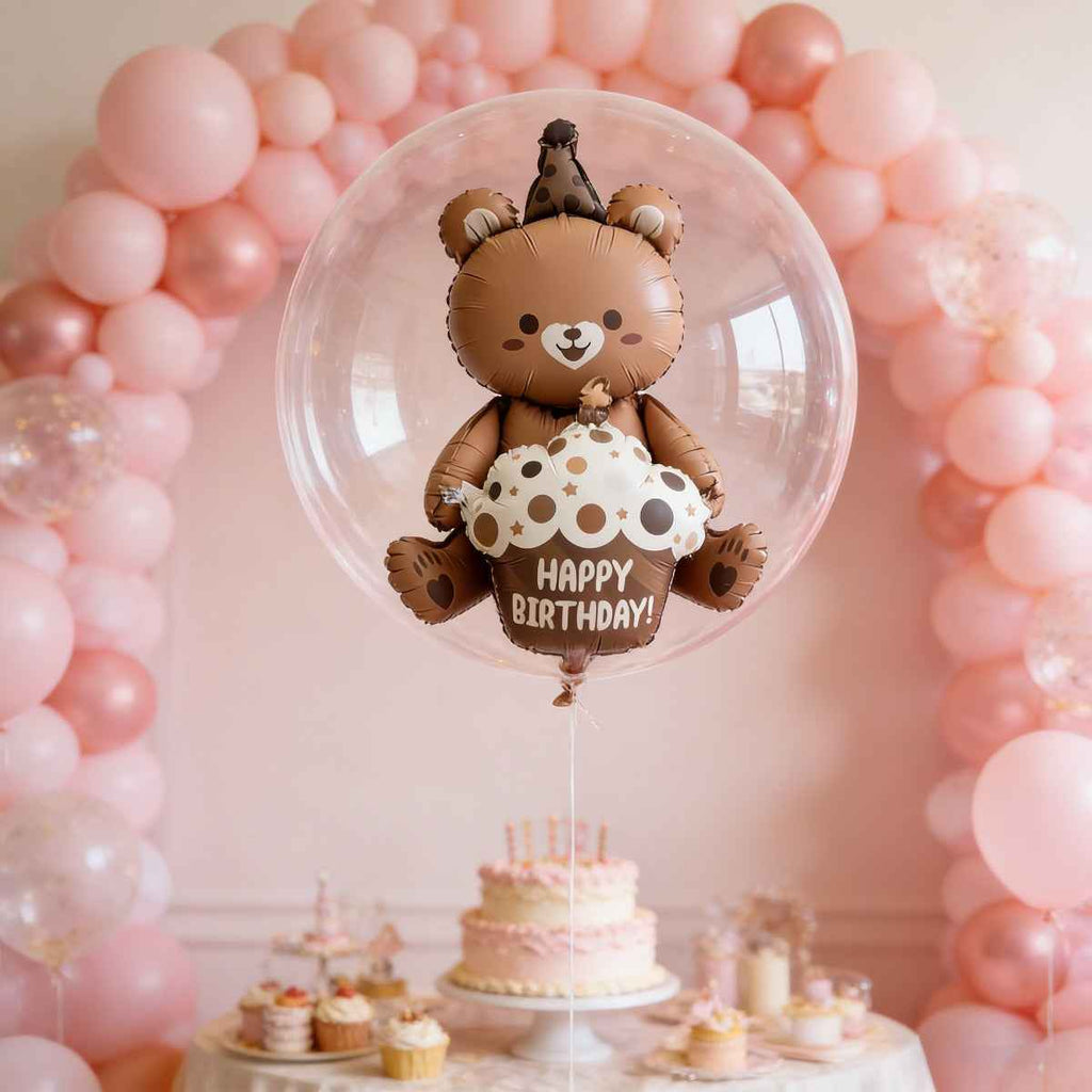 3pcs Transparent Popo Ball And Cake Bear Aluminum Foil Balloon | Photo Booth Prop, Wedding, Anniversary, Outdoor Party, Celebration Wall, Party Entrance Decoration, Party Decoration, Dining Table Central Decoration, Spring, Summer, Easter