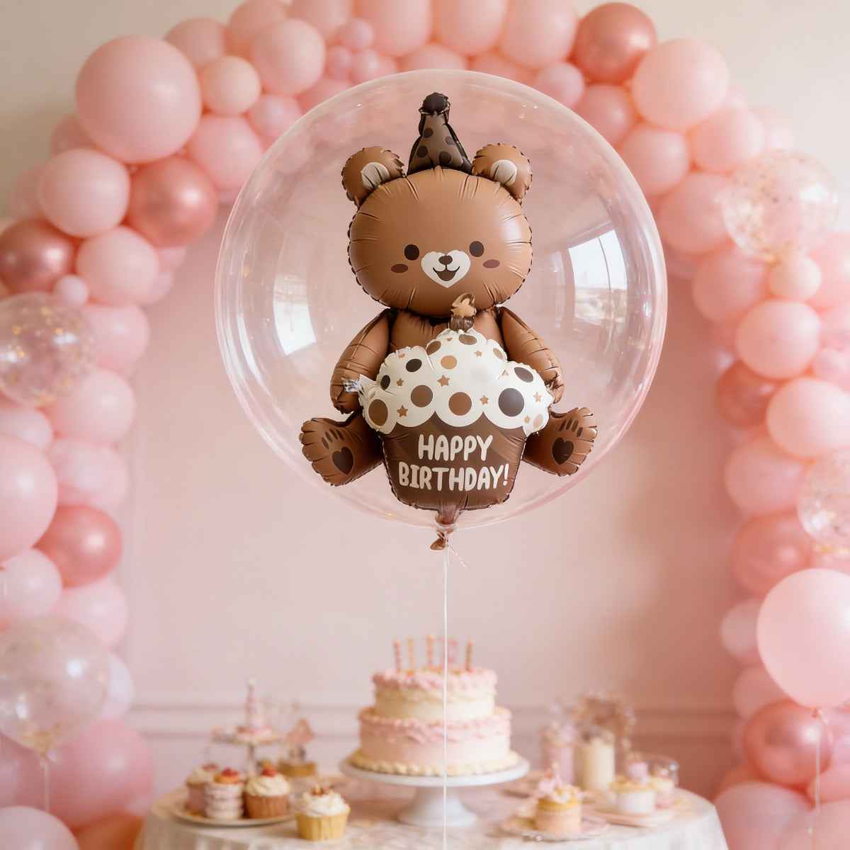 3pcs Transparent Popo Ball And Cake Bear Aluminum Foil Balloon | Photo Booth Prop, Wedding, Anniversary, Outdoor Party, Celebration Wall, Party Entrance Decoration, Party Decoration, Dining Table Central Decoration, Spring, Summer, Easter
