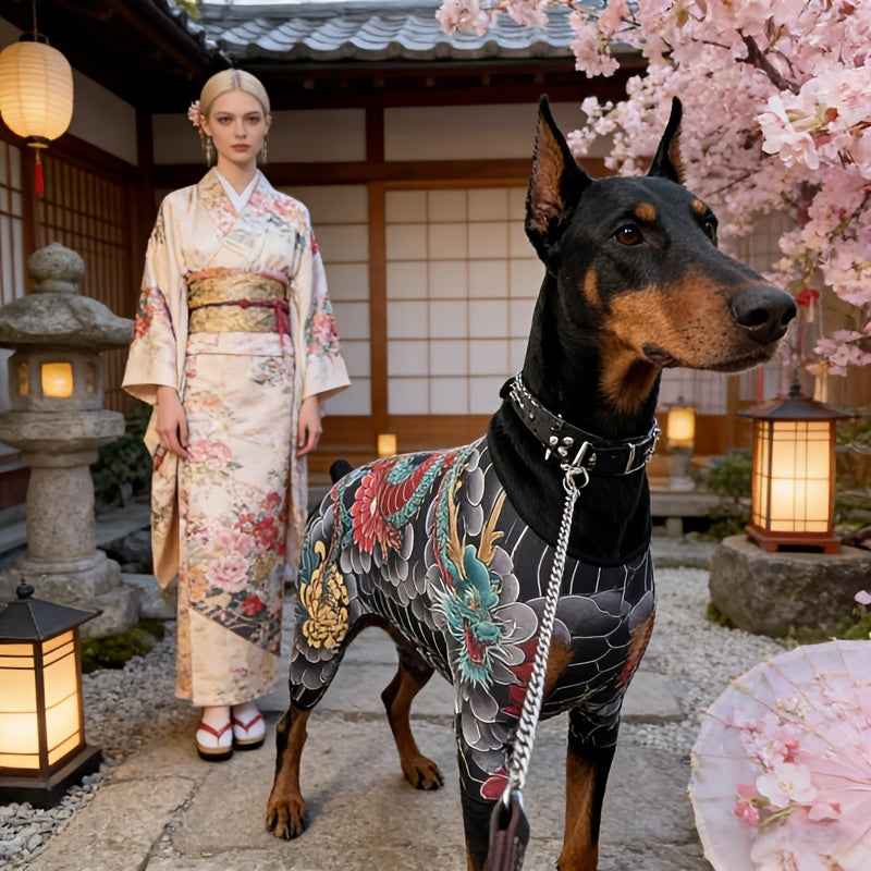 [Dragon Print Dog Jumpsuit] Japanese Tattoo Style Dragon Print Dog Full-Body Jumpsuit, Stretch Breathable Four-Legged Bodysuit for Large Dogs Like Doberman, Cool Streetwear Pet Apparel for Outdoor Walking Funny & Quirky Pet Apparel