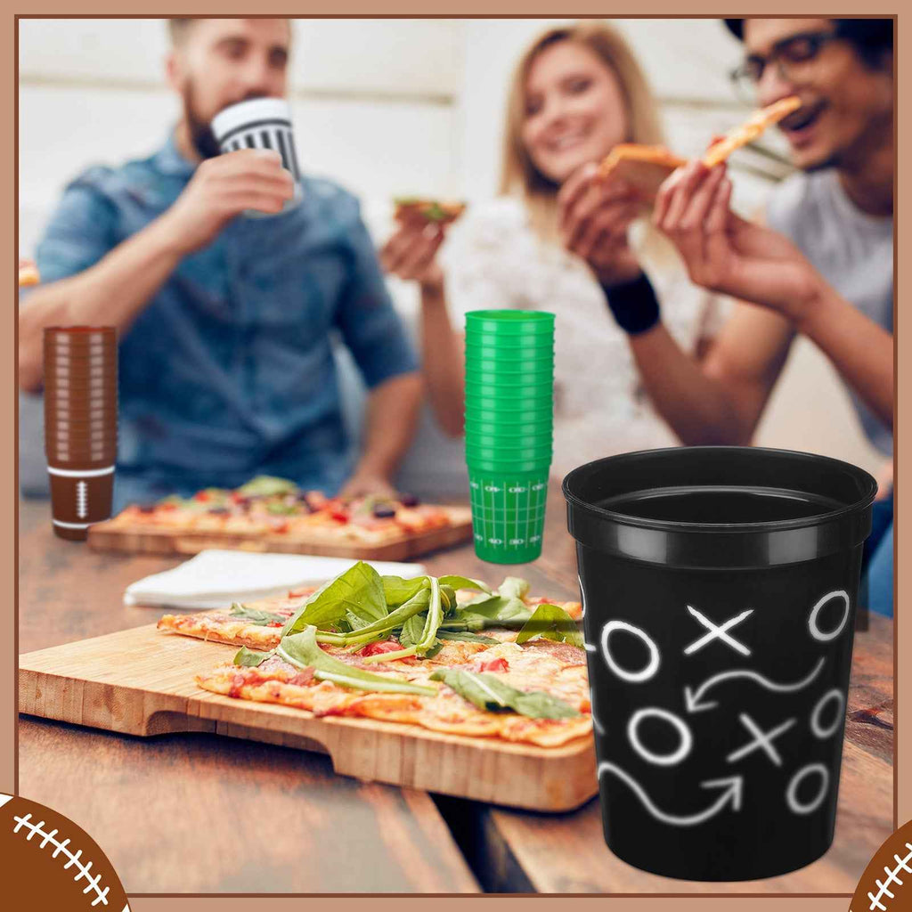Set of 24 Football-Themed Plastic Cups, Each Holding 16 Ounces. These Reusable Cups Come in Four Different Designs And Are Perfect for Various Beverages Like, Beer, And Snacks, Making Them Ideal for Rugby Parties