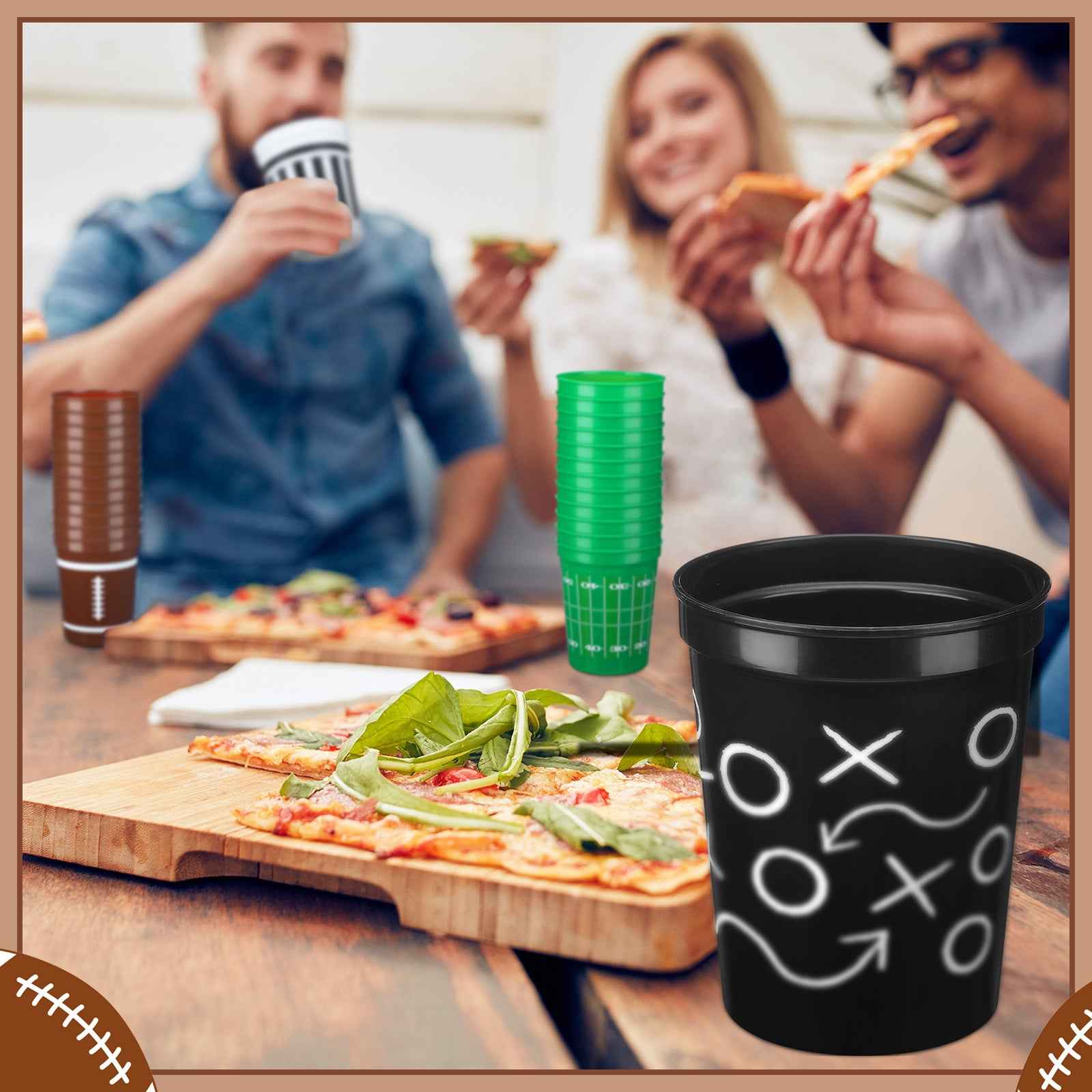 Set of 24 Football-Themed Plastic Cups, Each Holding 16 Ounces. These Reusable Cups Come in Four Different Designs And Are Perfect for Various Beverages Like, Beer, And Snacks, Making Them Ideal for Rugby Parties