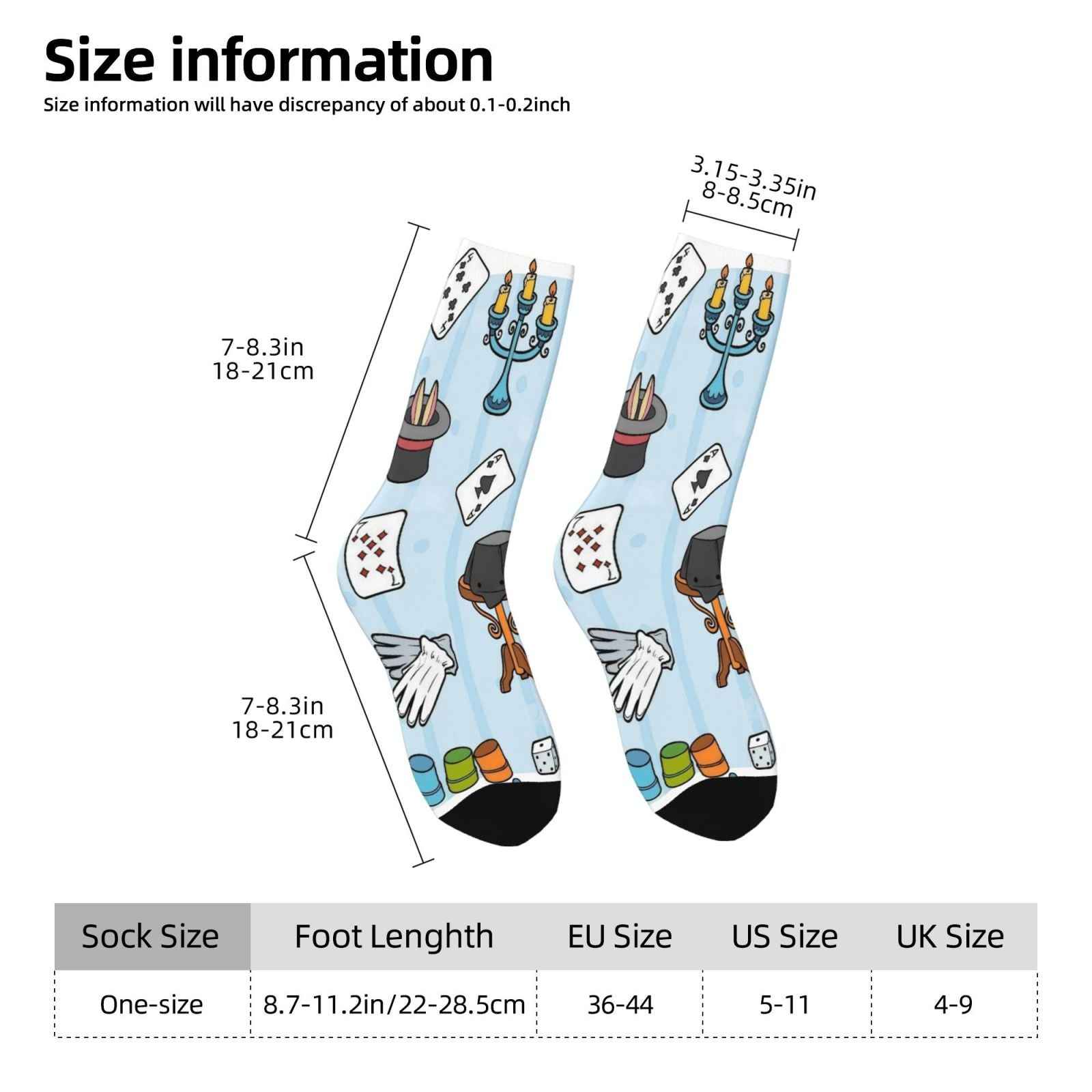 A Pair of Mid-Calf Socks Featuring a 3D Design with a Light Blue Base And a Colorful Magic Theme, Incorporating Elements Like Playing Cards, a Magician'S Hat, Doves, And Candlesticks