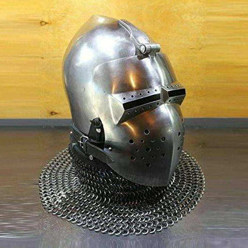 Medieval Faced Bascinet Chainmail Helmet Mild Steel Armor Elegant Antique Plating Knight Helmet for Battle Cosplay Collector